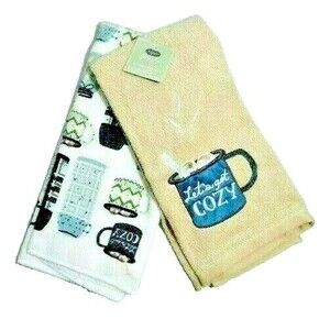 Cup of Cozy Coffee Mug Kitchen Towels Embroidered Applique Blue Brown 2pc Gift